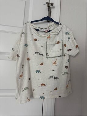 Zara White Cream Safari Pocket Tee with Multi Animal Print